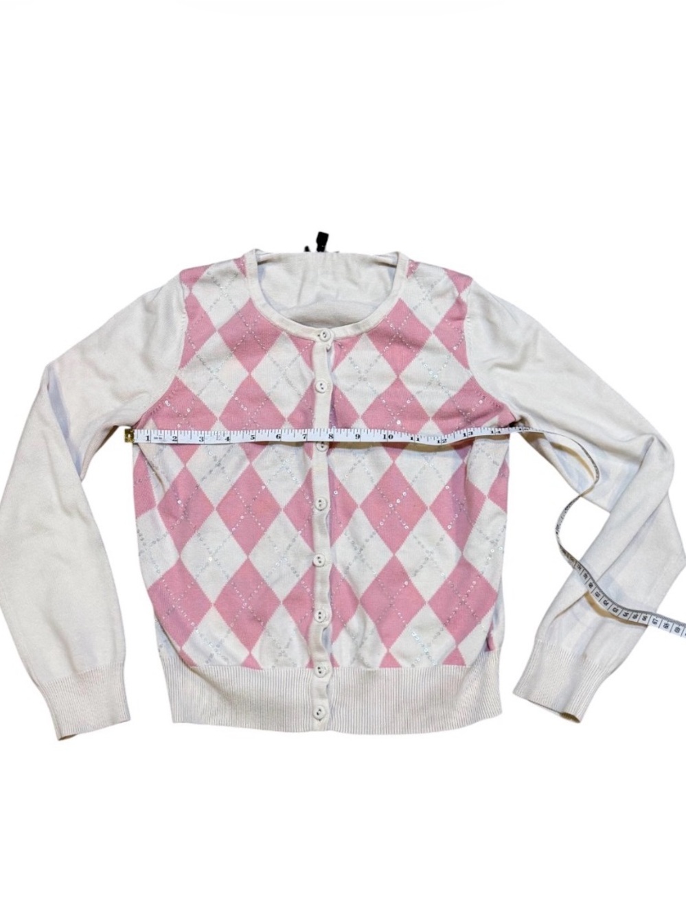 Talbots Cardigan Petite Cream Pink Argyle Geo Sequins Long Sleeve Round Neck
